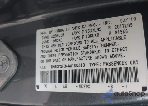 2010 Honda Accord 2.4 Lx z USA, uszkodzony, nr VIN 1HGCP2F34AA100413